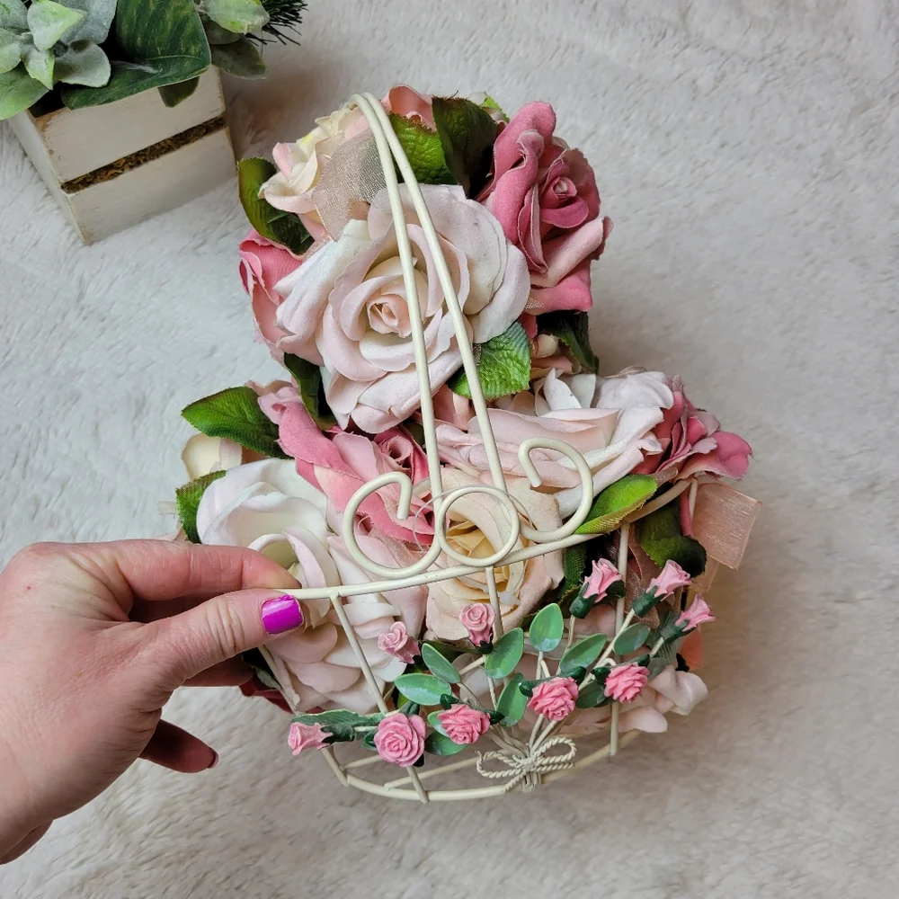 Metal Rose Floral Basket Storage Farmhouse